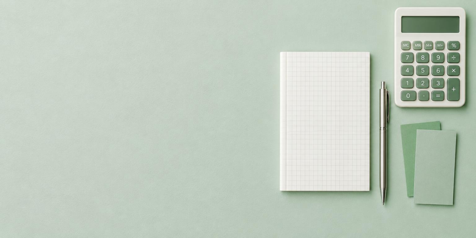 Calculator, notebook and pen on a mint-green desk